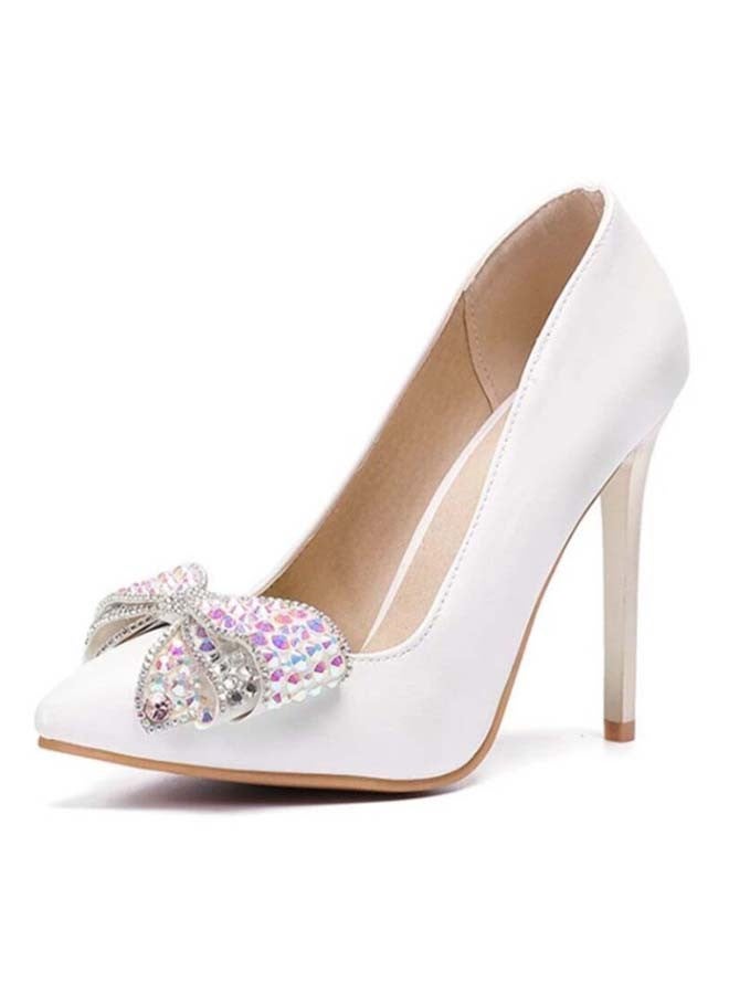 Rhinestone Studded Bow Detail Pointed Toe Pumps White  - Image 2