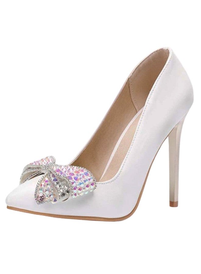 Rhinestone Studded Bow Detail Pointed Toe Pumps White  - Image 1