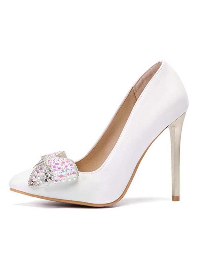 Rhinestone Studded Bow Detail Pointed Toe Pumps White  - Image 3