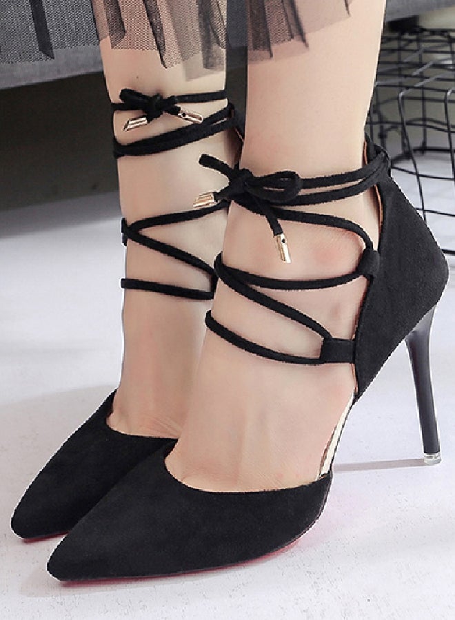 Pointed Toe Solid Colour Thin Heel Shoes Black - Image 3