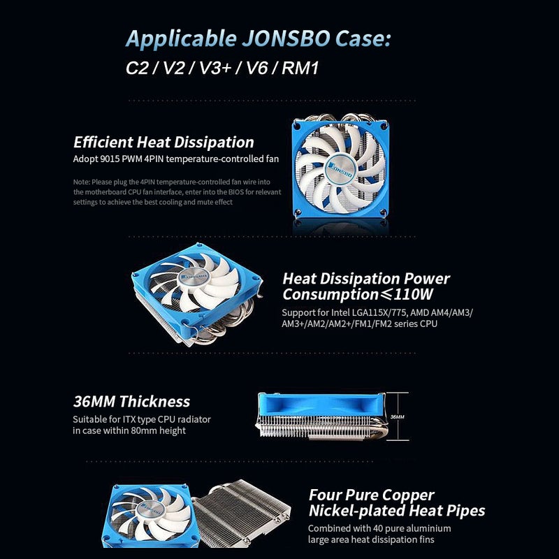 Generic - Ultra-Thin Mute CPU Cooling Fan With 4 Heat Pipes Radiator For HTPC ITX Case All-In-One Computer Blue - Image 1