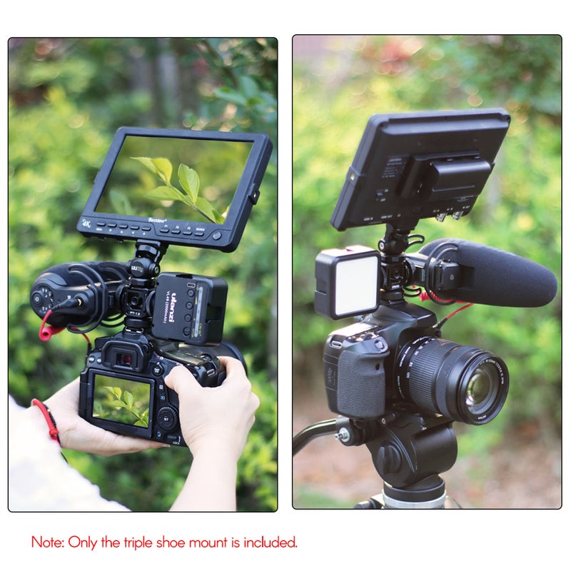 Triple Cold Shoe Mount Adapter with 3 Cold Shoe Dual 1/4 Thread Black  - Image 2