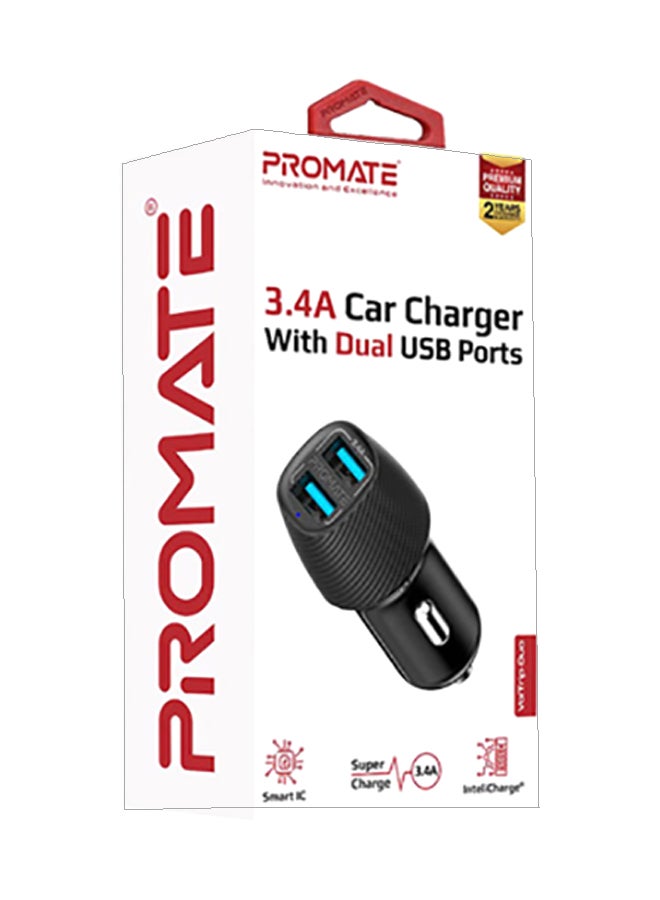 PROMATE - Universal Compact 3.4A Fast Charging Car Adapter with Smart Output Compatible and Short Circuit Protection For Smartphones, Tablet, All USB Enabled Devices, VolTrip-Duo Black - Image 1