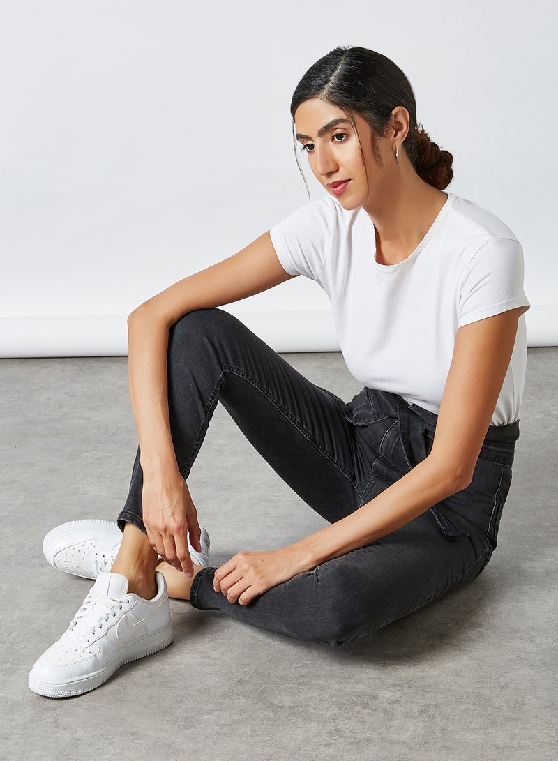 trendyol - High Waist Belted Skinny Jeans Black - Image 1
