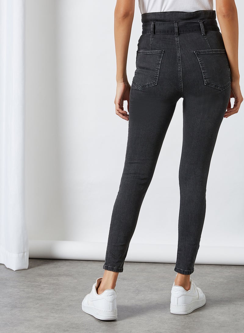 trendyol - High Waist Belted Skinny Jeans Black - Image 1