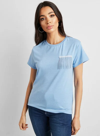 Closet By Styli Beaded Tassel Trim Detail Boxy T-Shirt Blue