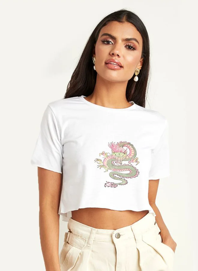 Closet By Styli Dragon Graphic Printed Crop Top White/Pink/Green