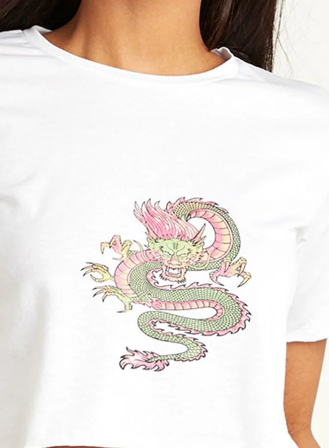 Closet By Styli Dragon Graphic Printed Crop Top White/Pink/Green