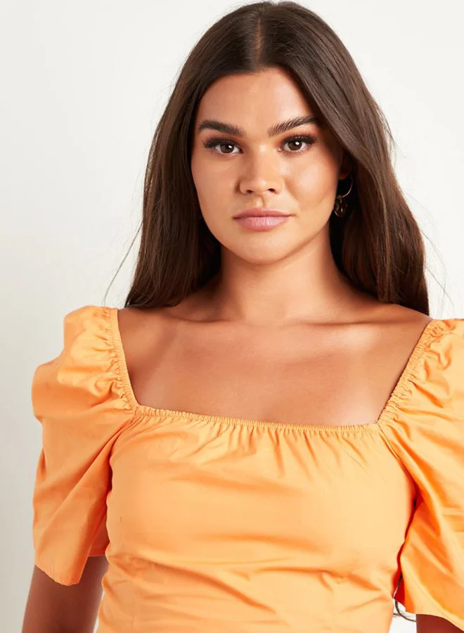 Closet By Styli Puff Sleeves Square Neck Short Slim Fit Top Orange