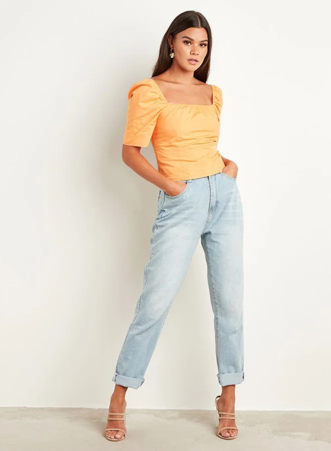 Closet By Styli Puff Sleeves Square Neck Short Slim Fit Top Orange