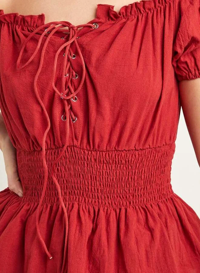 Closet By Styli Lace-Up Peplum Top with Shirred Waist Red