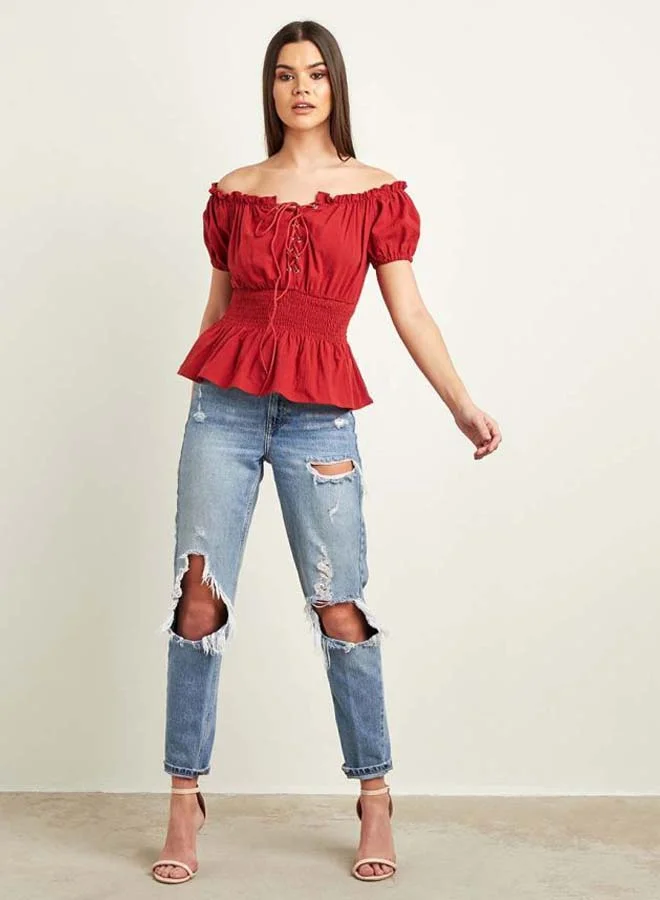 Closet By Styli Lace-Up Peplum Top with Shirred Waist Red
