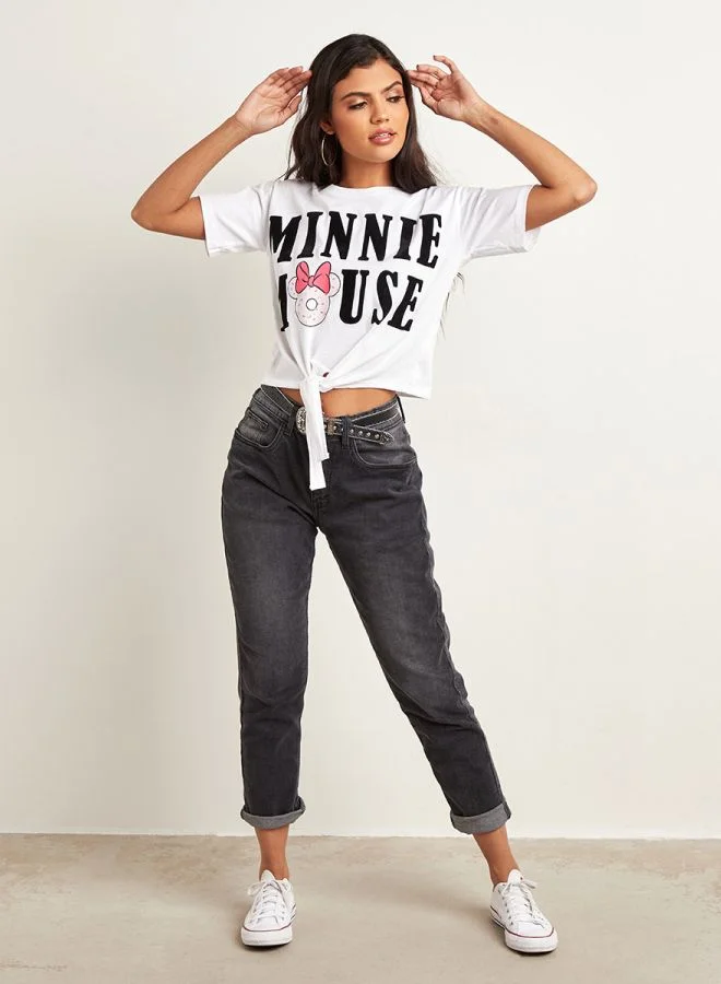 Closet By Styli Minnie Mouse Printed Crop Top White/Black