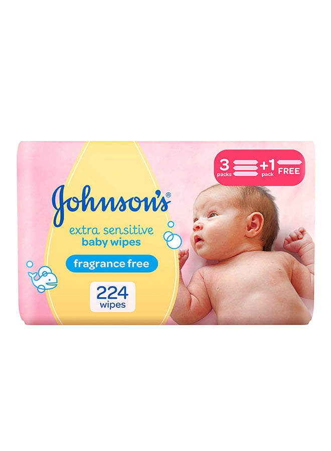 Johnson's Clinically Proven Soft Gentle Baby Wipes, Extra Sensitive, Alcohol And Soap Free, 3+1 Packs Of 56, 224 Total Count  - Image 1
