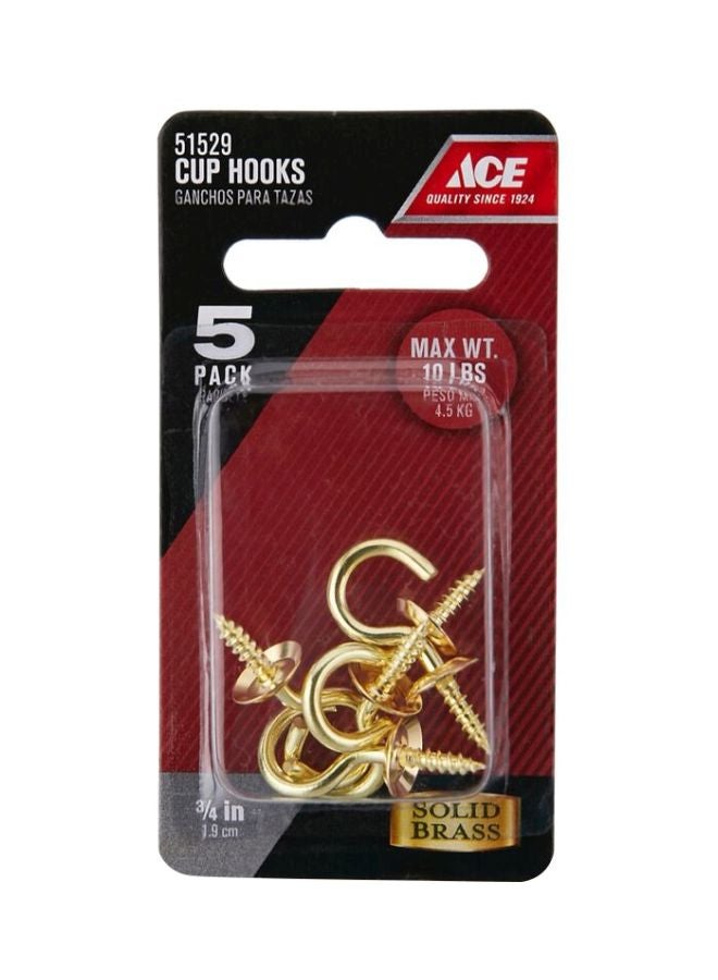 ACE Pack Of 5 Brass Cup Hooks Gold