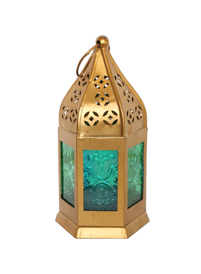 homes r us - Ramadan Iesha Brass Antique Candle Lantern Green 6.5 x 3cm - Image 1