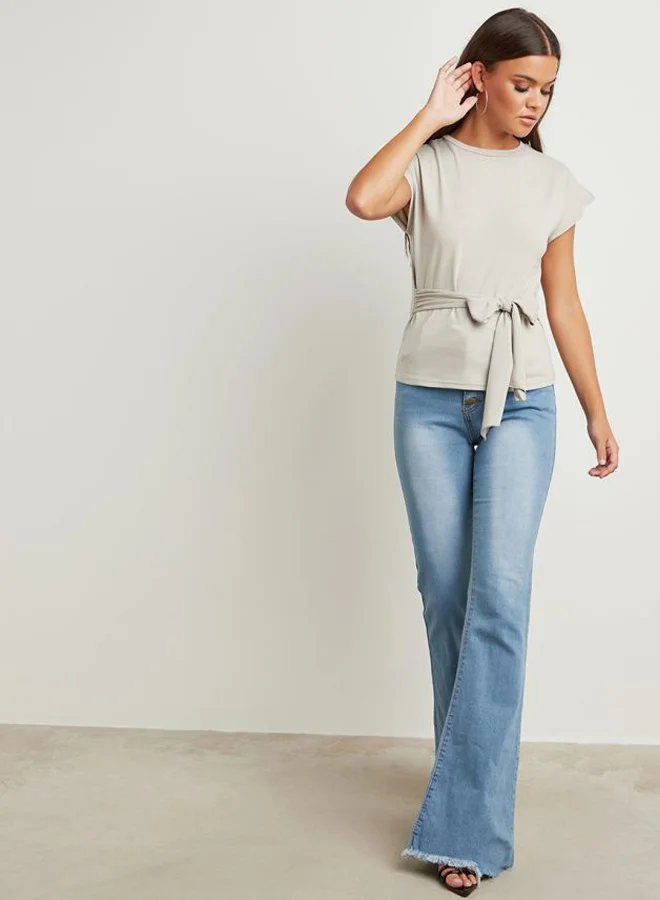 Closet By Styli Solid Tie Waist Top Grey