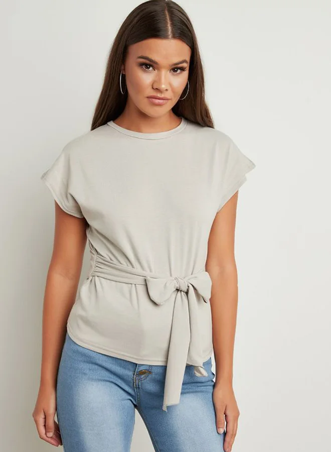 Closet By Styli Solid Tie Waist Top Grey