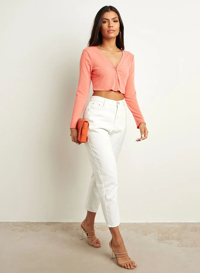 Closet By Styli Button Detailed Crop Top Pink