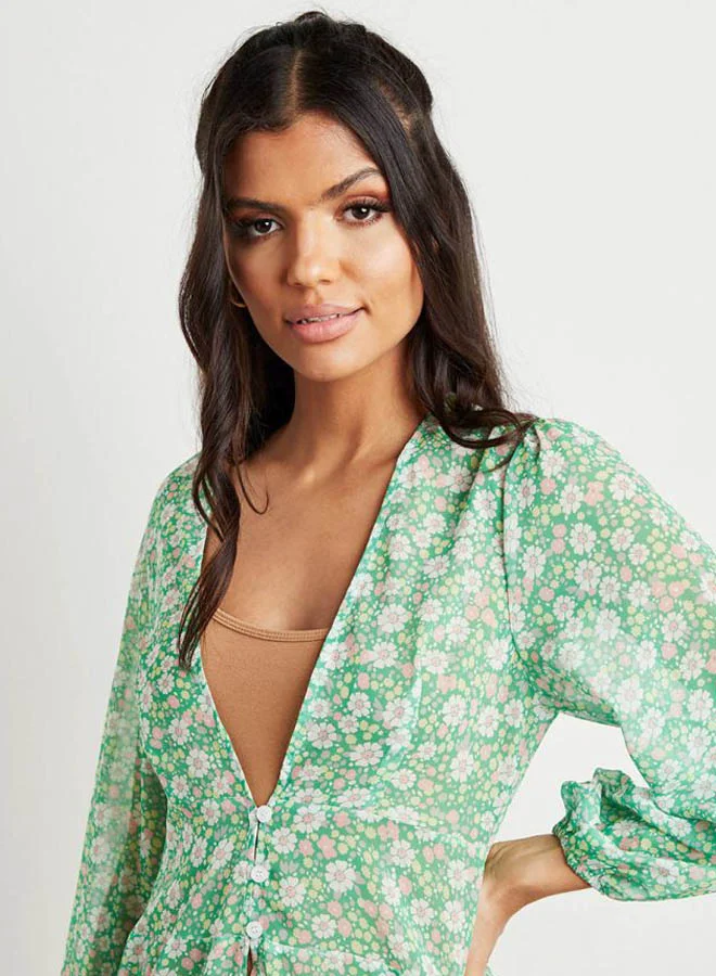 Closet By Styli Floral Printed Long Line Blouse Green/White