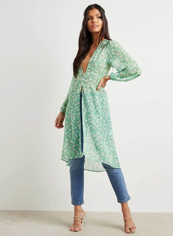 Closet By Styli Floral Printed Long Line Blouse Green/White