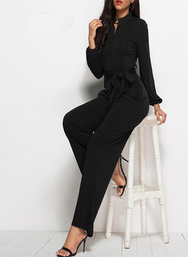 Solid Long Sleeve Slim Belted Jumpsuit Black - Image 2