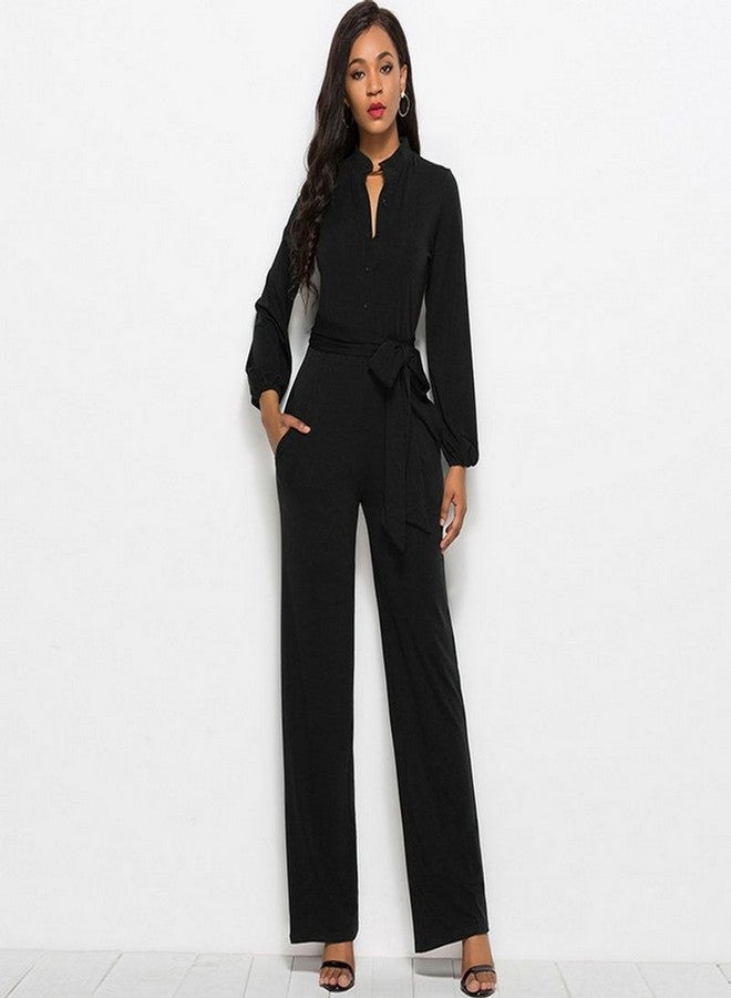 Solid Long Sleeve Slim Belted Jumpsuit Black - Image 1