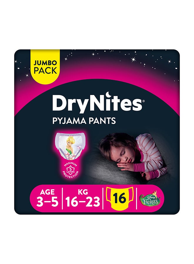 HUGGIES Dry Nites Pyjama Pants For Girls, 16 - 23 Kg, 3 - 5 Years, 16 Count - Jumbo Pack, Maximum 5 Layer Protection - Image 1