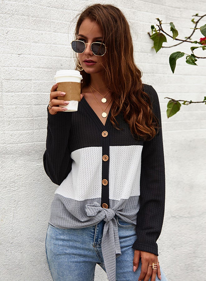 Colourblock Button Pattern Tied Bandage Top Black/White/Grey - Image 1