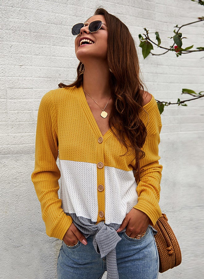 Colourblock Button Pattern Tied Bandage Top Yellow/White/Grey - Image 1