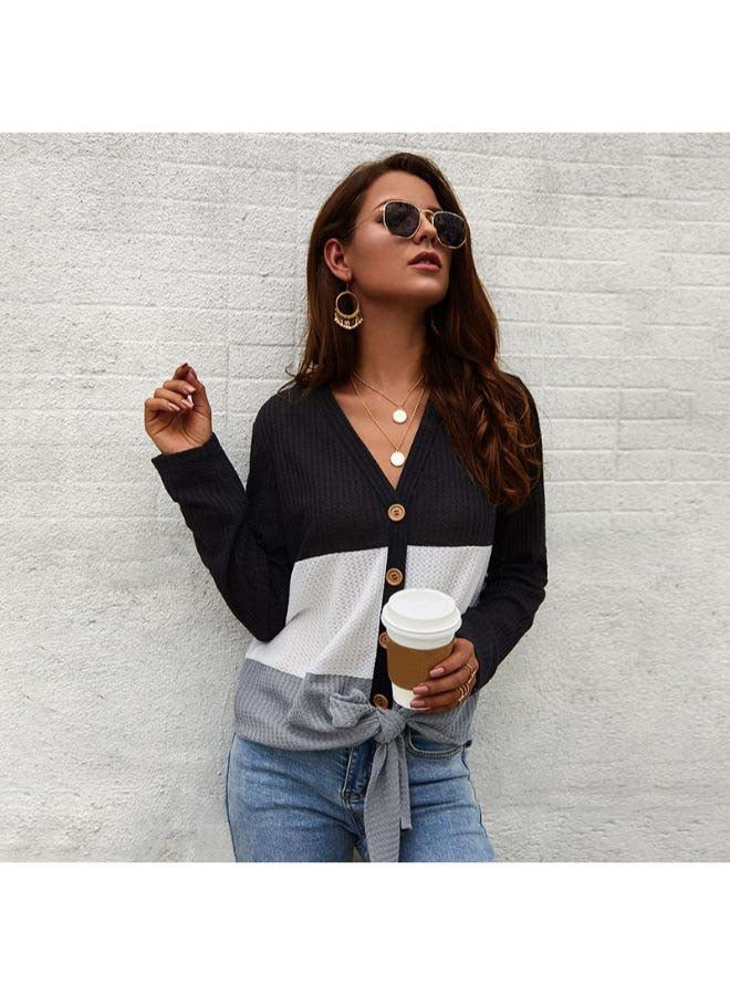 Colourblock Button Pattern Tied Bandage Top Black/White/Grey - Image 3