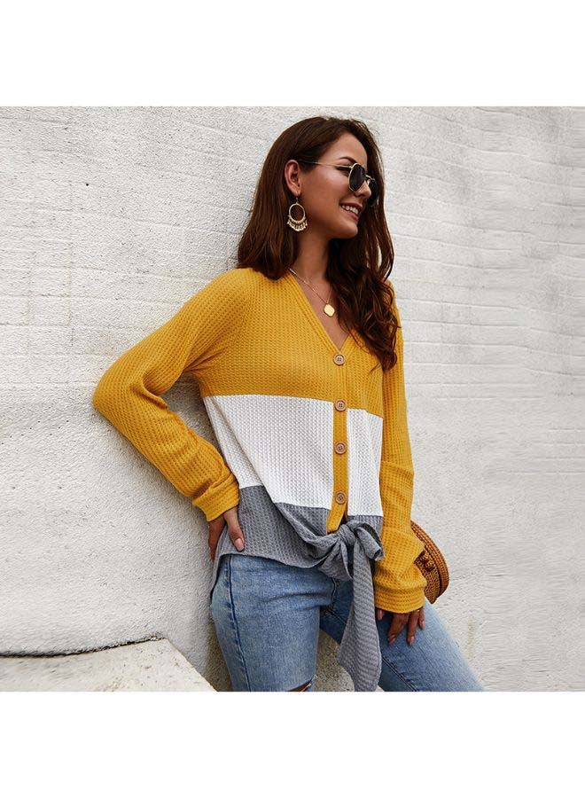 Colourblock Button Pattern Tied Bandage Top Yellow/White/Grey - Image 2