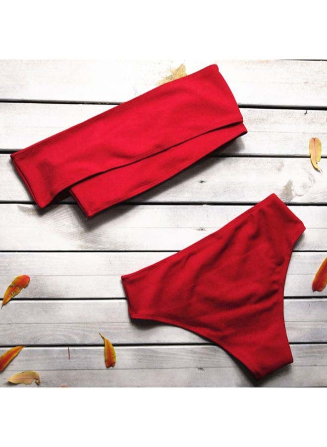 2-Piece Solid Swimwear Swimsuit Red  - Image 2