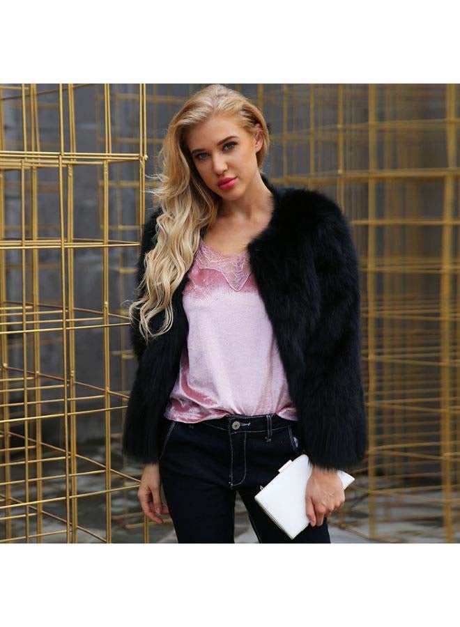 Generic - Winter Women Faux Fur Coat Solid Color Long Sleeve Fluffy Outerwear Short Jacket Hairy Warm Overcoat Black - Image 1