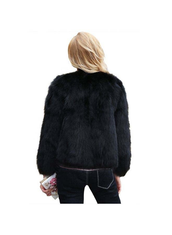 Generic - Winter Women Faux Fur Coat Solid Color Long Sleeve Fluffy Outerwear Short Jacket Hairy Warm Overcoat Black - Image 1