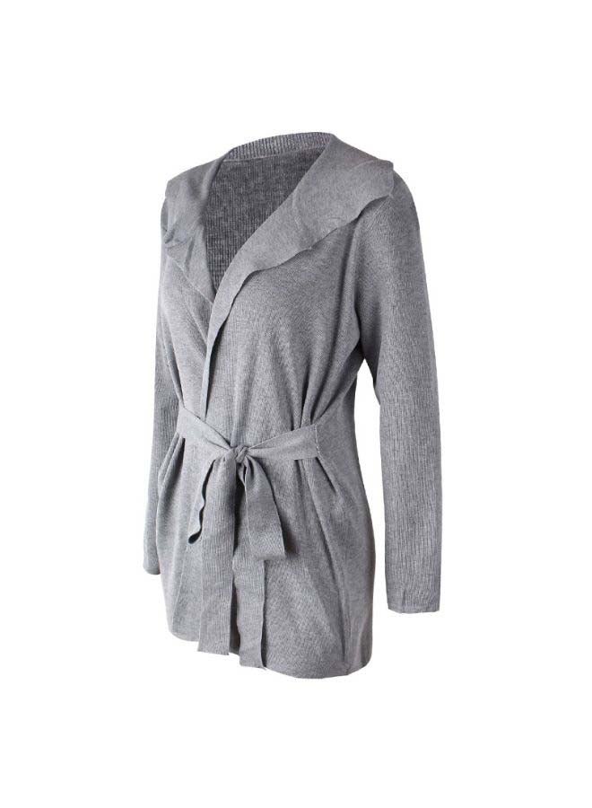 Solid Tie-Waist Knitted Jacket Grey - Image 3