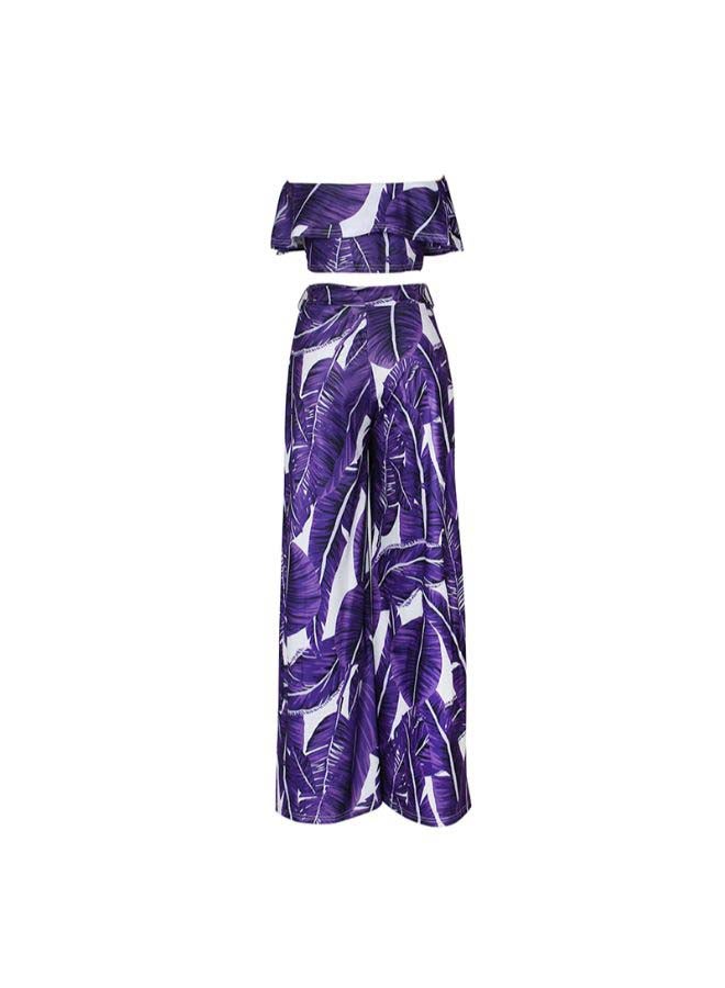 Leaves Print Bandeau Strapless Crop Top With Pants Set Purple/White - Image 2