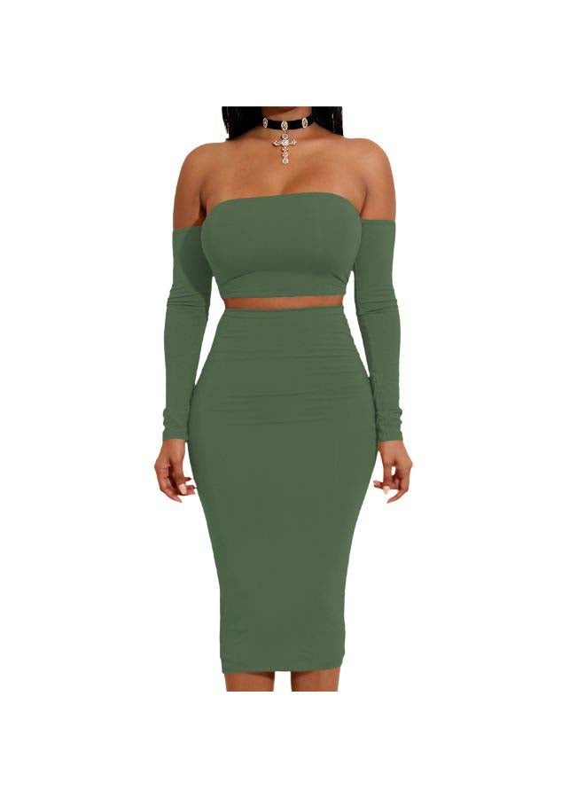 Lace Up Backless Crop Top With Pencil Skirt Set Green  - Image 3