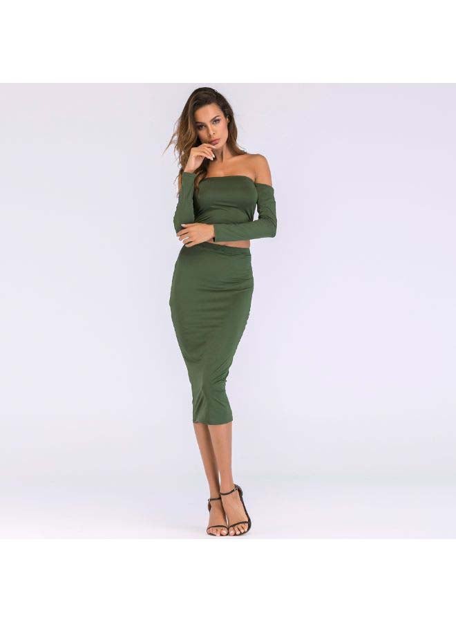 Lace Up Backless Crop Top With Pencil Skirt Set Green  - Image 3