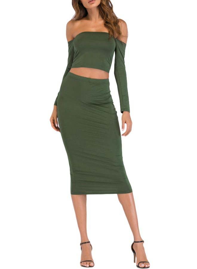 Lace Up Backless Crop Top With Pencil Skirt Set Green  - Image 3