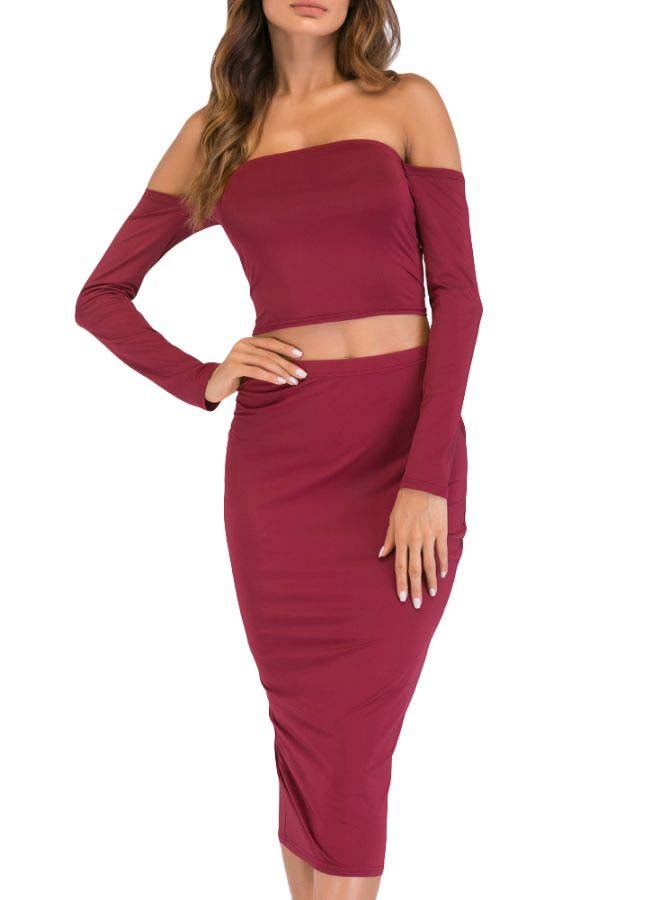 Lace Up Backless Crop Top With Pencil Skirt Set Red  - Image 3