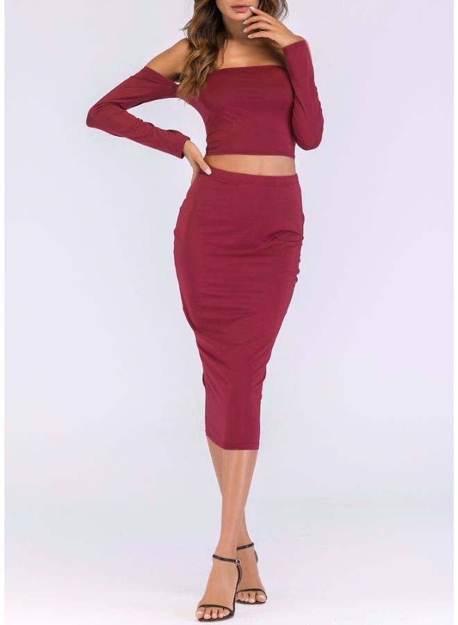 Lace Up Backless Crop Top With Pencil Skirt Set Red  - Image 3