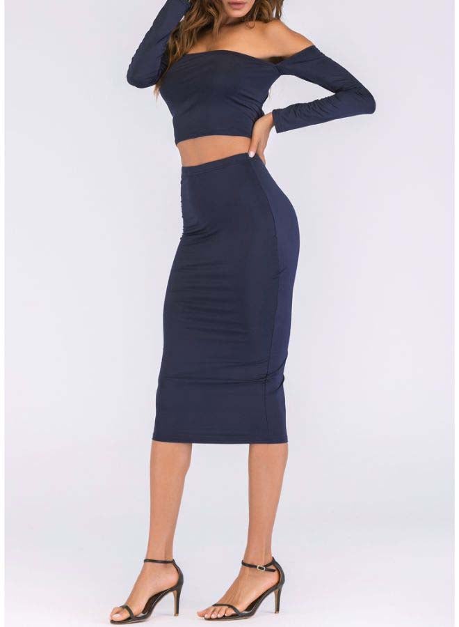 Lace Up Backless Crop Top With Pencil Skirt Set Dark Blue  - Image 3