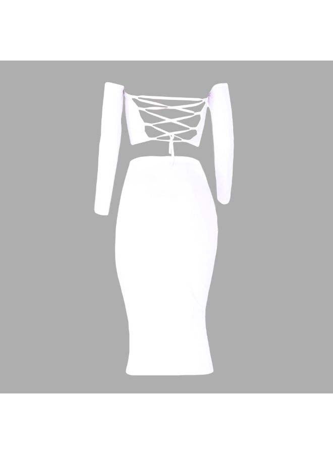 Lace Up Backless Crop Top With Pencil Skirt Set White  - Image 3