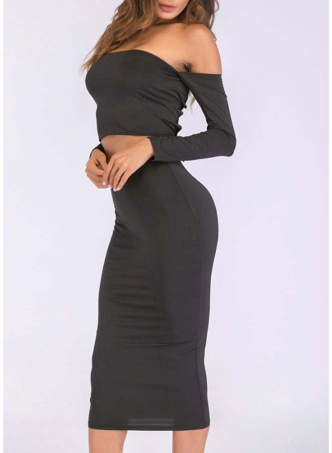 Lace Up Backless Crop Top With Pencil Skirt Set Black  - Image 3