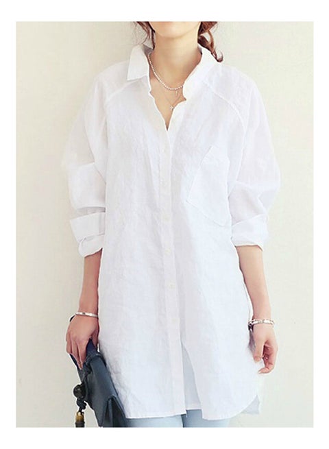Turn-Down Button Pattern Asymmetry Hem Loose Shirt White