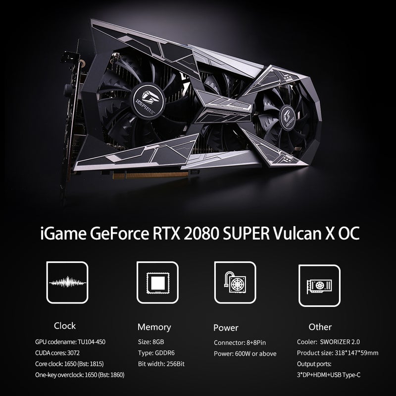 Colorful - iGame GeForce RTX 2080 Super Vulcan X OC GDDR6 8G GPU Graphic Card With One-key Overclock RGB LCD Black - Image 1
