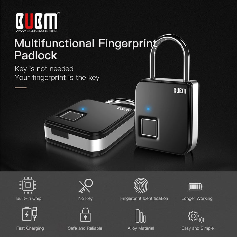 BUBM Smart Fingerprint Padlock Portable Intelligent Lock For Luggage and Travel Black  - Image 3