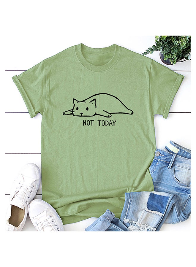 Cartoon Cat Print T-Shirt Army green