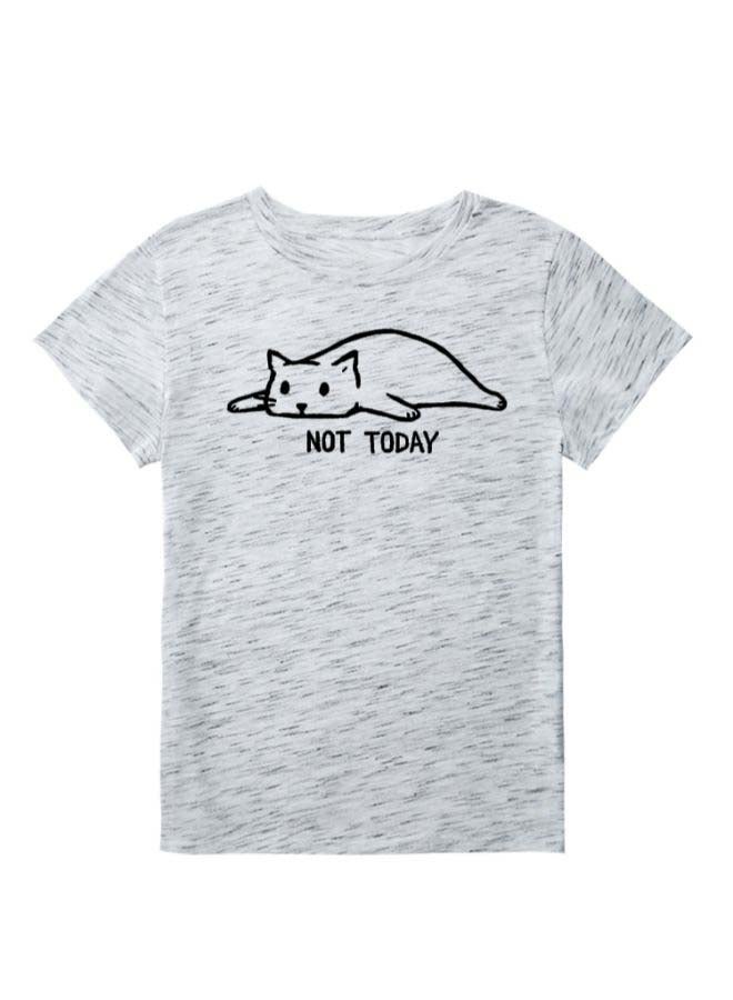 Cartoon Cat Print T-Shirt Light Grey  - Image 2